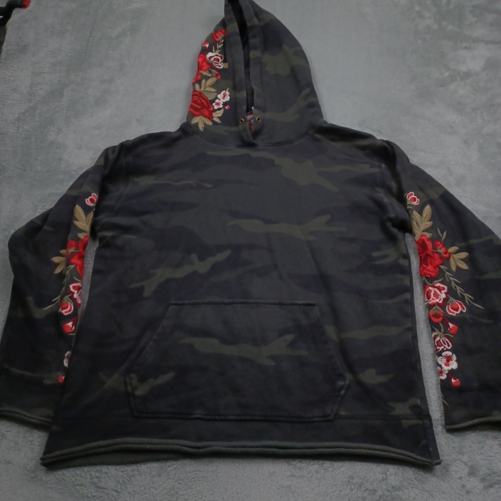 Johnny Was Hoodie Womens XS Green Camouflage Floral Pullover Sweater